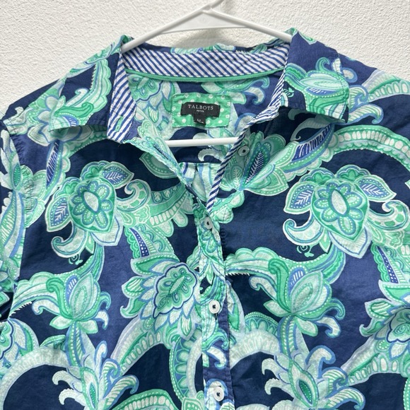 Talbots Womens Petite Large Abstract Paisley Blue Green Long Sleeve Work Casual - Picture 2 of 5